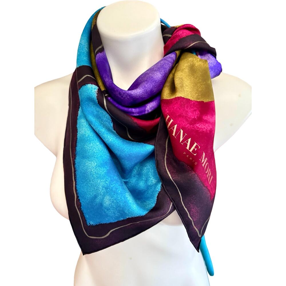 Vintage Hanae Mori Paris  Silk Scarf Abstract Jewel Tone Made in France 35x35